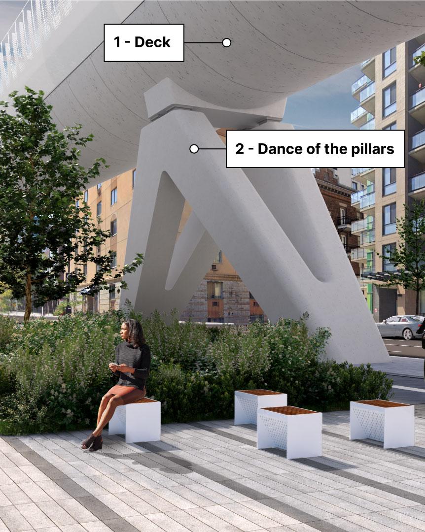 Preliminary rendering of the deck and the pillars of the REM de l'Est Preliminary rendering of the deck and the pillars of the REM de l'Est