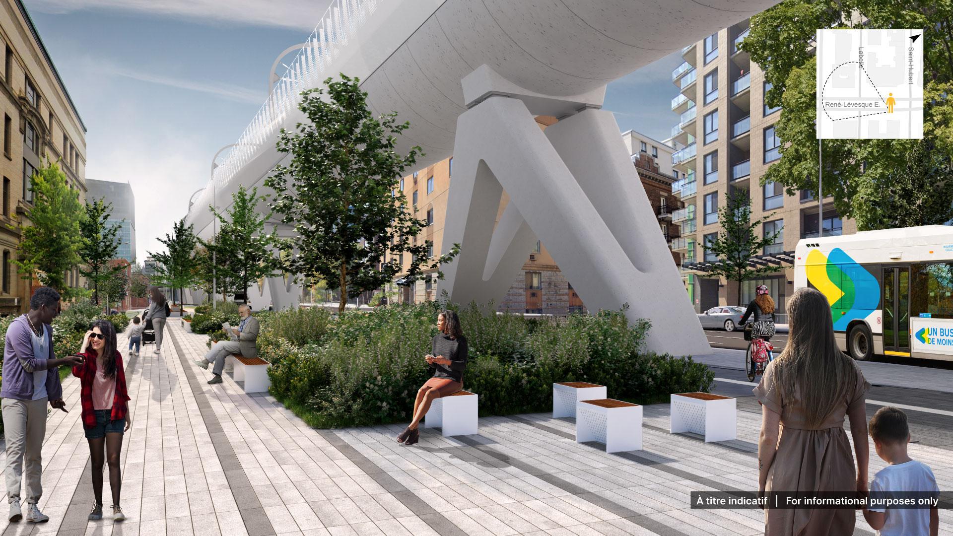 Rendu architectural de la promenade sur René-Levesque pour le REM de l'Est Rendu architectural de la promenade sur René-Levesque pour le REM de l'Est